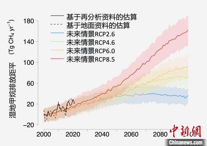 基于觀測的濕地甲烷排放變化與未來氣候變化情景下估算的對(duì)比。　中科院青藏高原所 供圖