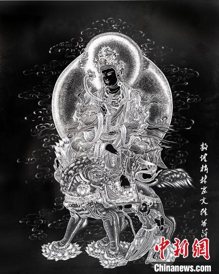 圖為朱增平創(chuàng)作的鍥金畫《敦煌榆林窟文殊菩薩》。(資料圖) 受訪者供圖