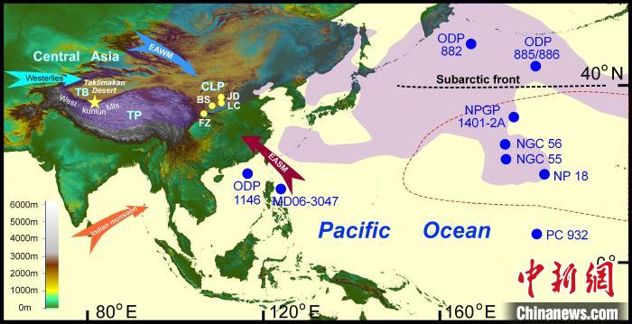 塔里木沙塵傳輸至北太平洋的路徑(陰影區(qū))及西昆侖山黃土巖芯位置(五角星)?！≈锌圃呵嗖馗咴?供圖