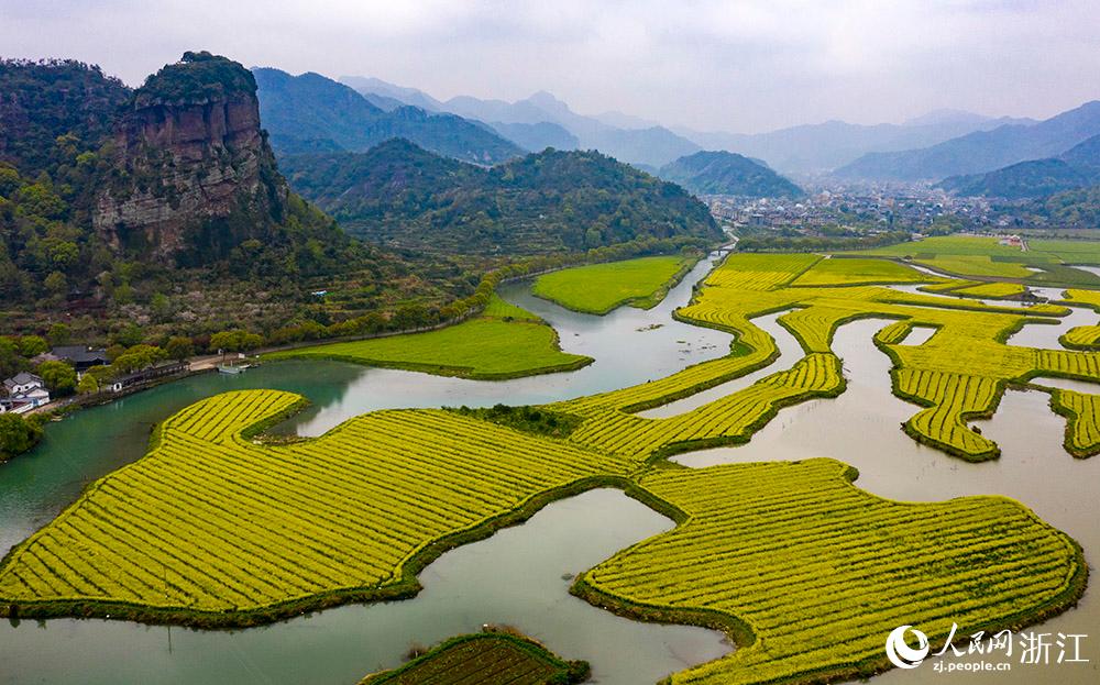 3月28日，航拍浙江省臨海市桃渚鎮(zhèn)桃江十三渚盛開(kāi)的油菜花景色。人民網(wǎng) 章勇濤攝