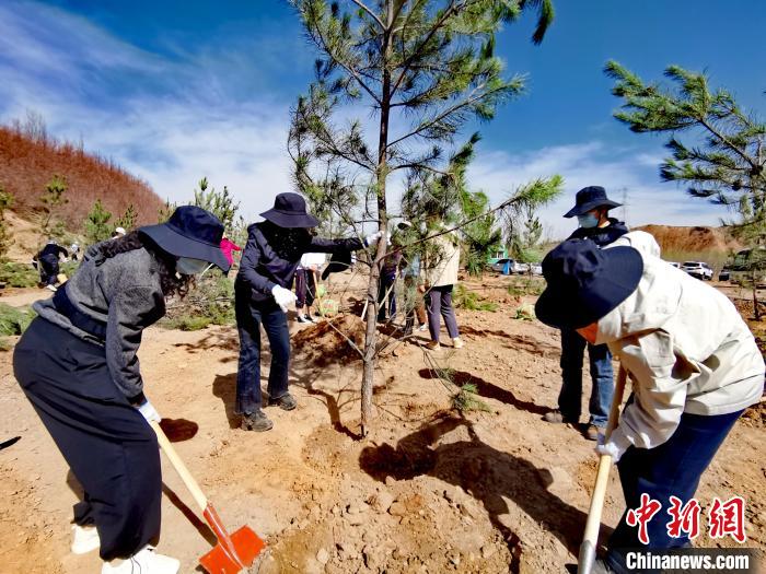 圖為西寧市城東區(qū)干部職工參加義務(wù)植樹?！?zhí)砀?攝