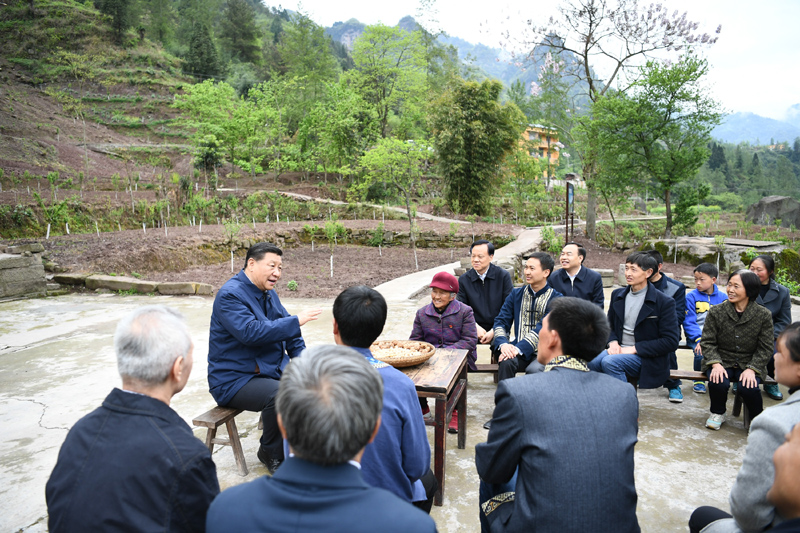 2019年4月15日至17日，中共中央總書記、國家主席、中央軍委主席習(xí)近平在重慶考察，并主持召開解決“兩不愁三保障”突出問題座談會。這是4月15日下午，習(xí)近平在石柱土家族自治縣中益鄉(xiāng)華溪村同村民代表、基層干部、扶貧干部、鄉(xiāng)村醫(yī)生等圍坐在一起，共話脫貧攻堅。新華社記者 謝環(huán)馳 攝