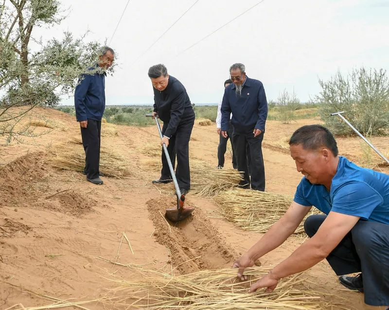 2019年8月21日，習(xí)近平來到甘肅省武威市古浪縣八步沙林場(chǎng)，實(shí)地察看當(dāng)?shù)刂紊吃炝帧⑸鷳B(tài)保護(hù)等情況。新華社記者 謝環(huán)馳 攝