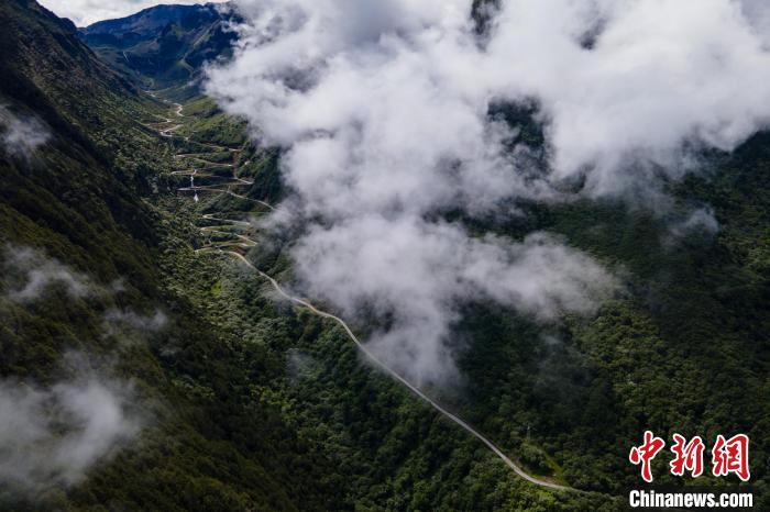 西藏山南勒布溝景區(qū)的盤山公路被云霧環(huán)繞。　江飛波 攝