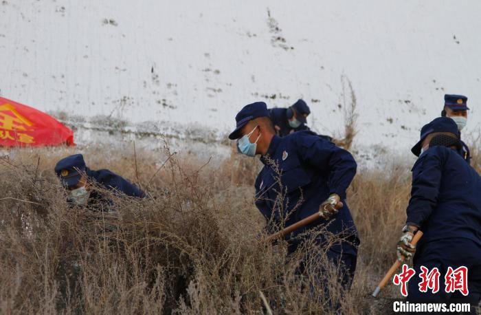 圖為200余名消防員在布達(dá)拉宮后山集合除草?！≮w朗 攝